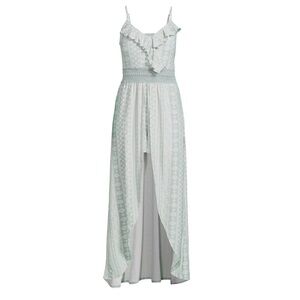 No Boundaries Juniors Ruffle Walk Through Maxi Romper, Jade Delight